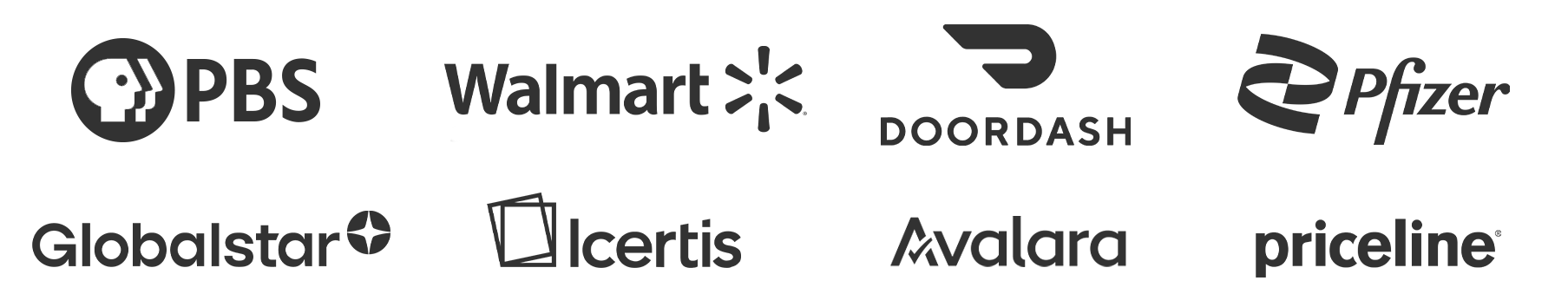 Client logos including PBS, Walmart, DoorDash, Pfizer, Globalstar, Icertis, Avalara, and Priceline
